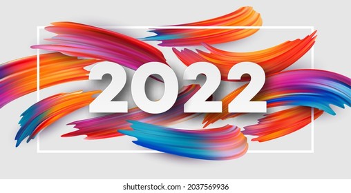 Calendar header 2022 number on colorful abstract color paint brush strokes background. Happy 2022 new year and Christmas colorful background. Vector illustration EPS10