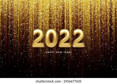 Calendar Header 2022 Realistic Metallic Gold Number On Gold Glitter Background. Happy New Year 2022 Golden Background. Vector Illustration 