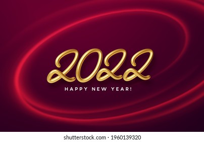 Calendar header 2022 realistic metallic gold number on red wave swirl background with gold sparkle. Happy new year 2022 red background. Vector illustration EPS10