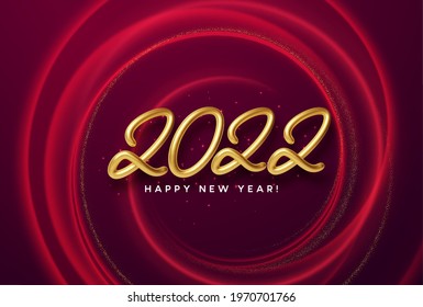 Calendar header 2022 realistic metallic gold number on red wave swirl background with gold sparkle. Happy new year 2022 red background. Vector illustration EPS10