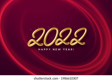 Calendar header 2022 realistic metallic gold number on red wave swirl background with gold sparkle. Happy new year 2022 red background. Vector illustration EPS10