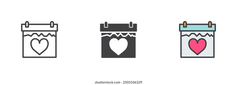 Calendar with heart different style icon set. Line, glyph and filled outline colorful version, outline and filled vector sign. Valentines day symbol, logo illustration. Vector graphics