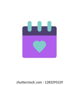 Calendar with heart flat icon, vector sign, colorful pictogram isolated on white. Love and valentine day symbol, logo illustration. Flat style design