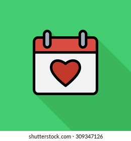 Calendar with heart icon. Flat vector related icon with long shadow for web and mobile applications. It can be used as - logo, pictogram, icon, infographic element. Vector Illustration.