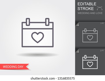 Calendar with heart icon. Line icon with editable stroke. Linear wedding symbol