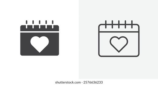 Calendar heart icon set in black flat solid and outlined style.