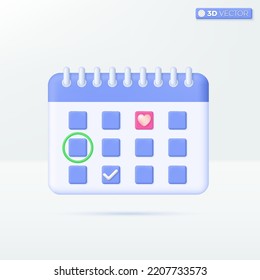 Calendar with heart icon symbols. Valentines day, February, wedding schedule planner concept. 3D vector isolated illustration design. Cartoon pastel Minimal style. Used for design ux, ui, print ad