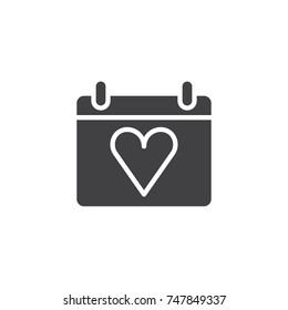 Calendar with heart icon vector, filled flat sign, solid pictogram isolated on white. Love and valentine's day symbol, logo illustration.