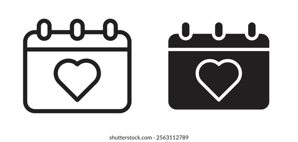 Calendar heart icons in black line and filled versions