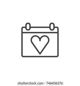 Calendar with heart line icon, outline vector sign, linear style pictogram isolated on white. Love and valentine's day symbol, logo illustration. Editable stroke