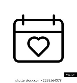 Calendar with heart symbol, valentine's day, anniversary date vector icon in line style design for website, app, UI, isolated on white background. Editable stroke. EPS 10 vector illustration.