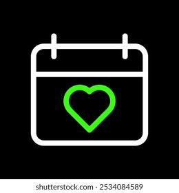 Calendar with heart symbol, valentine's day, anniversary date vector icon in line style design for website, app, UI, isolated on black background. Editable stroke. EPS 10 vector illustration.