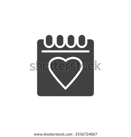 A calendar with a heart vector icon. filled flat sign for mobile concept and web design. Love Calenda glyph icon. Valentines day symbol, logo illustration. Vector graphics