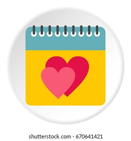 Calendar with hearts icon in flat circle isolated vector illustration for web