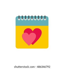 Calendar with hearts icon in flat style isolated on white background. Date symbol vector illustration