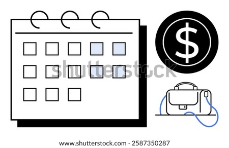 Calendar with highlighted dates, black dollar sign, briefcase. Ideal for project planning, meetings, schedules, finance management, work-life balance, business strategies, deadlines. Line metaphor