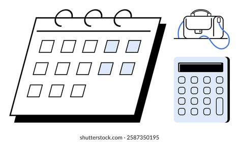 Calendar with highlighted dates, briefcase, and calculator. Ideal for business planning, productivity, time management, office organization, financial management, work-life balance, goal setting