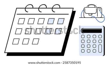 Calendar with highlighted dates, briefcase, and calculator. Ideal for business planning, productivity, time management, office organization, financial management, work-life balance, goal setting