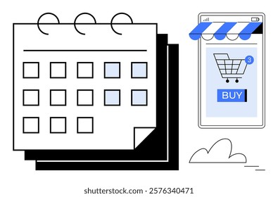 Calendar with highlighted dates next to a smartphone displaying a shopping cart and a buy button. Ideal for ecommerce, online shopping, scheduling, digital marketing, and time management. Modern flat