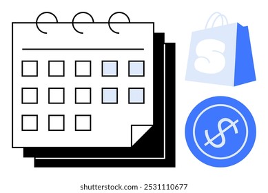 A calendar with highlighted dates, a shopping bag, and a dollar symbol. Ideal for time management, budget planning, financial tracking, retail management, and shopping reminders. Simple graphic style