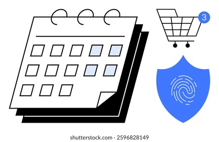 Calendar with highlighted dates, shopping cart with notification bubble, and fingerprint on a security shield. Ideal for scheduling, online shopping, cybersecurity, e-commerce, reminders, planning