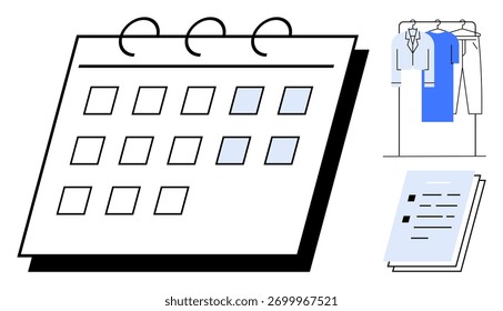 Calendário com datas realçadas, pilha de documentos e suporte para roupas penduradas. Ideal para programação, organização, planejamento, produtividade, gerenciamento de tempo, operações de negócios, desenvolvimento pessoal