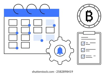 Calendar with highlighted days, a gear with a notification bell, a Bitcoin symbol, and a checklist on a clipboard. Ideal for time management, cryptocurrency, organization, productivity, reminders