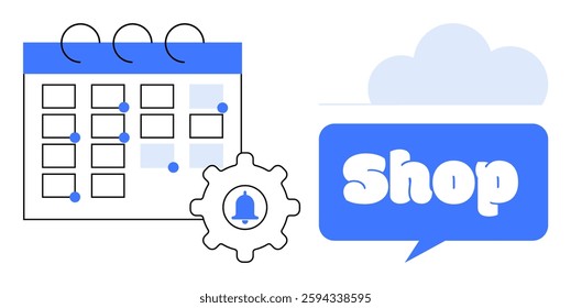 A calendar with highlighted days, a gear with a notification bell, and a speech bubble with the word Shop inside. Ideal for retail scheduling, e-commerce planning, reminder settings, marketing