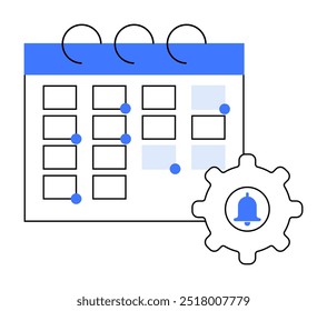 Calendar with highlighted events, settings gear with notification bell. Ideal for scheduling, reminders, organization, planning, and productivity themes.