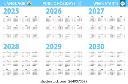 Calendar in Hindi language for year 2025, 2026, 2027, 2028, 2029, 2030. Week starts from Monday. Vector calendar.