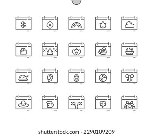 Calendar holidays. Event date. Birthday, thanksgiving, halloween, valentines day. Pixel Perfect Vector Thin Line Icons. Simple Minimal Pictogram