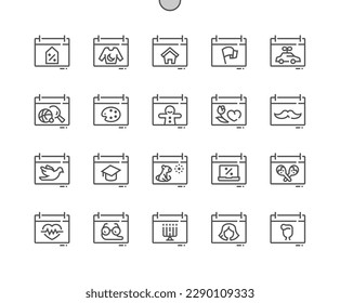 Calendar holidays. Event date. Mothers day, education day, cyber monday, cinco de maye. Pixel Perfect Vector Thin Line Icons. Simple Minimal Pictogram