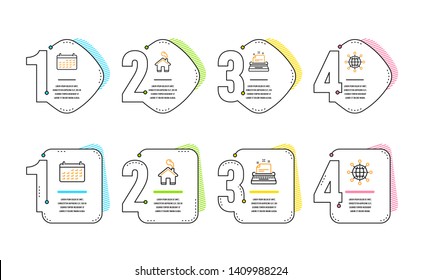 Calendar, Home and Typewriter icons simple set. International globe sign. Business audit, House building, Instruction. World networking. Infographic timeline. Line calendar icon. 4 options or steps