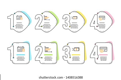 Calendar, Horizontal chart and Money transfer icons simple set. Change card sign. Calculator device, Presentation graph, Cash delivery. Payment method. Finance set. Infographic timeline. Vector