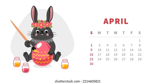 Calendar horizontal template for april 2023. Year of chinese black water rabbit. Cute cartoon bunny coloring egg. Happy easter holiday. Vector illustration.