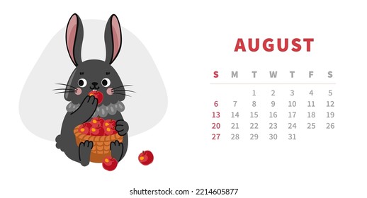 Plantilla horizontal del calendario para agosto de 2023. Año de conejo chino de agua negra. Un lindo personaje de conejito de caricatura comiendo manzana de una canasta de mimbre. Ilustración vectorial.