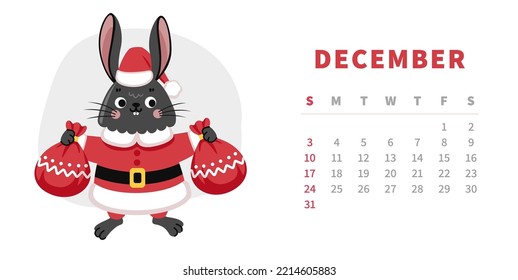 Calendar horizontal template for december 2023. Year of chinese black water rabbit. Cute cartoon bunny character in santa claus costume. Vector illustration.