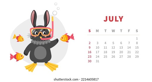 Calendar horizontal template for july 2023. Year of chinese black water rabbit. Cute cartoon bunny character with scuba and fish. Vector illustration.