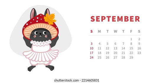 Calendar horizontal template for september 2023. Year of chinese black water rabbit. Cute cartoon bunny character in fly agaric mushroom costume. Vector illustration.