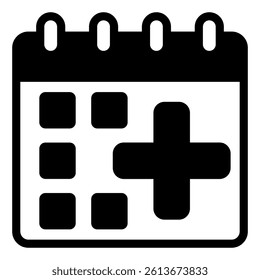 Calendar and hospitality solid icon, insurance concept. Vector graphics. Page with medical cross, healthcare sign on white background, glyph style mobile or design