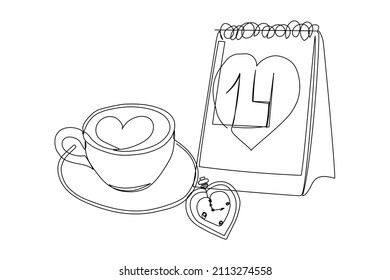 Calendario, hora, taza de café dibujo de línea continua. Una línea de arte de fecha, 14 de febrero, día de San Valentín, tiempo de amor, capuchino, relación, romance, día de San Valentín, relación.