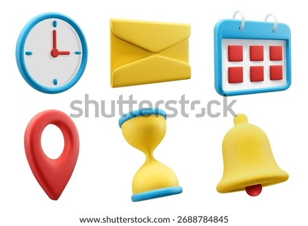 Calendar, hourglass, clock, bell, message, geolocation mark vector icons. Business and office schedule 3d icon set. Design elements for mobile application or web services