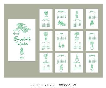 Calendar houseplants of 2016. Vector illustration. Isolated