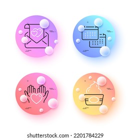 Calendar, Ice cream and Love letter minimal line icons. 3d spheres or balls buttons. Hold heart icons. For web, application, printing. Schedule planner, Sundae cup, Valentine mail. Care love. Vector