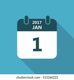 Calendar icon 1 january 2017 year with long shadow isolated on blue background. Calendar in flat style, vector.