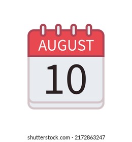 Calendar icon of 10 August. Date and month. Flat vector illustration.