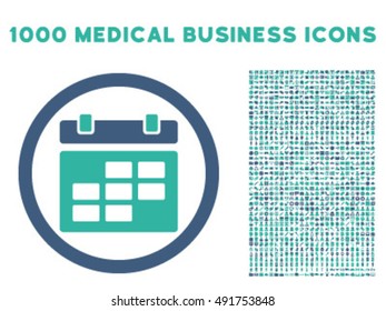 Calendar icon with 1000 medical commerce cobalt and cyan vector pictograms. Set style is flat bicolor symbols, white background.