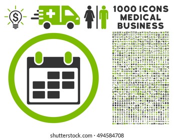 Calendar icon with 1000 medical commerce eco green and gray vector pictographs. Set style is flat bicolor symbols, white background.