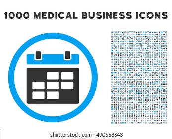 Calendar icon with 1000 medical commercial gray and blue vector design elements. Collection style is flat bicolor symbols, white background.