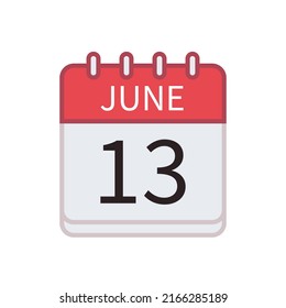 Calendar icon of 13 June. Date and month. Flat vector illustration.